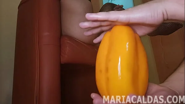 Huge vegetable penetrating Maria Caldas prolapsed anus