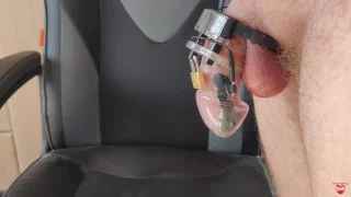Crazy eletcro orgasm in a cock cage