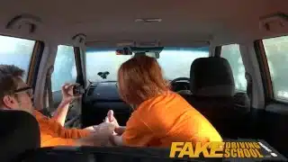 Fake Driving School Swotty ginger student has pussy filled with cum