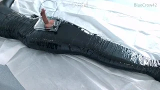 femboy in catsuit and thigh boots self mummified and CBT balls torture e-stimluation and cum
