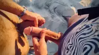 Frotting cocks with huge cums in a paradise beach at sunset