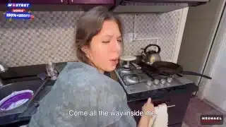 The flatmate-girl doesn’t mind periodic fucking in the kitchen and get cum in her mouth and pigtails